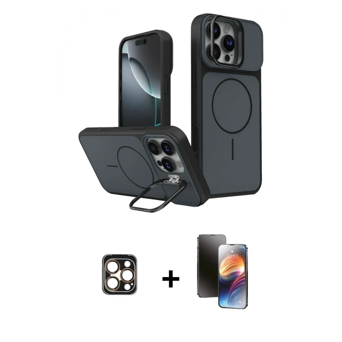 MARSİLYAN™- iPhone 16 Pro Max Kılıf İz Modern Prime - Siyah 3D Antistatik Mat Seramik Nano Ekran Koruyucu + PVD Metal Kamera Lens - GD