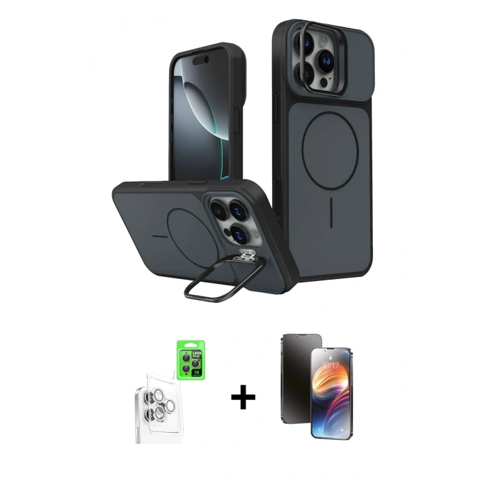 MARSİLYAN™- iPhone 16 Pro Max Kılıf İz Modern Prime - Siyah 3D Antistatik Mat Seramik Nano Ekran Koruyucu + Raze Metal Kamera Lens - BZ