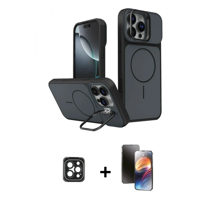 MARSİLYAN™- iPhone 16 Pro Max Kılıf İz Modern Prime - Siyah 3D Antistatik Mat Seramik Nano Ekran Koruyucu + Siyah PVD Metal Kamera Lens