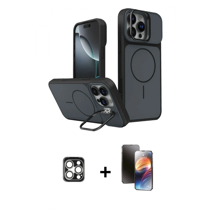 MARSİLYAN™- iPhone 16 Pro Max Kılıf İz Modern Prime - Siyah 3D Antistatik Mat Seramik Nano Ekran Koruyucu + PVD Metal Kamera Lens - GS