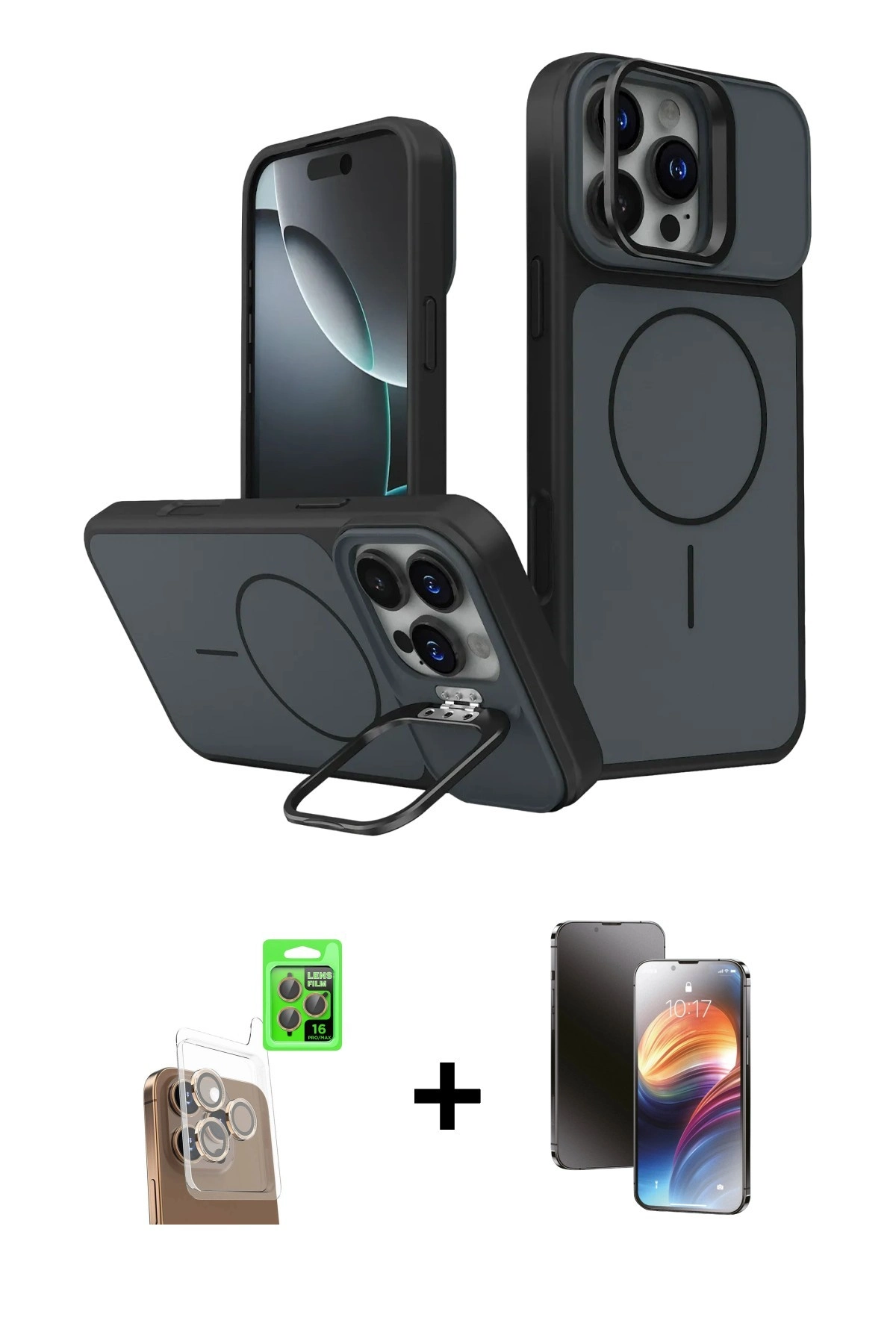 MARSİLYAN™- iPhone 16 Pro Max Kılıf İz Modern Prime - Siyah 3D Antistatik Mat Seramik Nano Ekran Koruyucu + Raze Metal Kamera Lens - CLTM