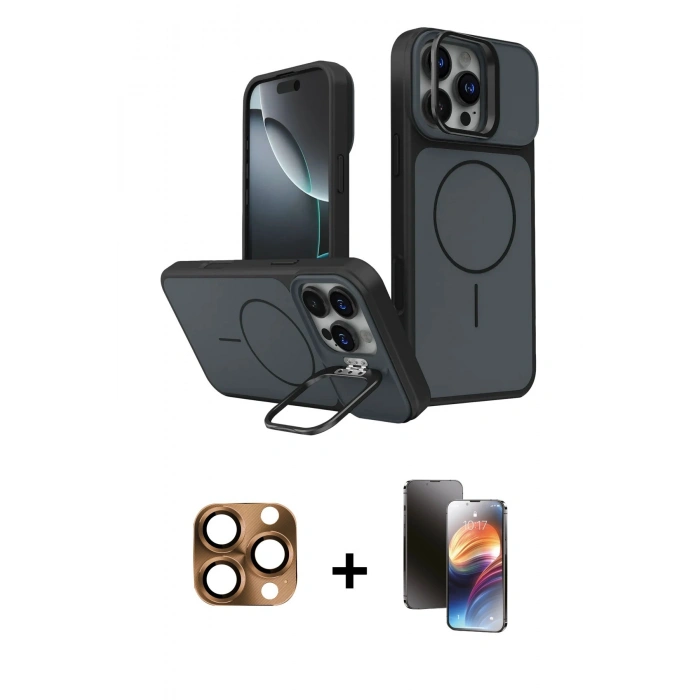MARSİLYAN™- iPhone 16 Pro Max Kılıf İz Modern Prime - Siyah 3D Antistatik Mat Seramik Nano Ekran Koruyucu + Çöl Titanyum Pers Alüminyum Kamera Lens