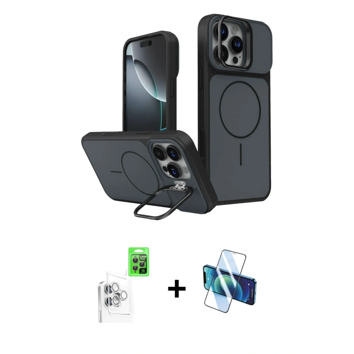 MARSİLYAN™- iPhone 16 Pro Max Kılıf İz Modern Prime - Siyah 3D Antistatik Seramik Nano Ekran Koruyucu + Raze Metal Kamera Lens - BZ
