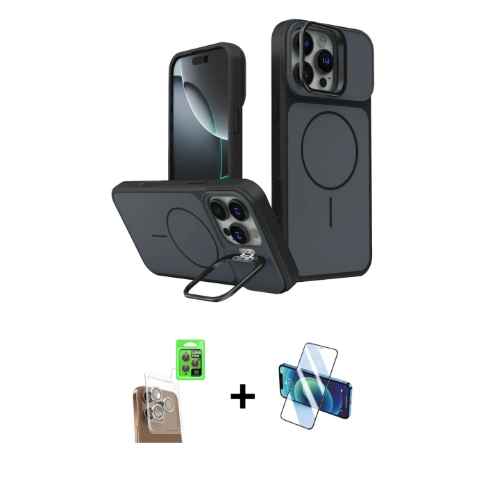MARSİLYAN™- iPhone 16 Pro Max Kılıf İz Modern Prime - Siyah 3D Antistatik Seramik Nano Ekran Koruyucu + Çöl Titanyum Raze Metal Kamera Lens