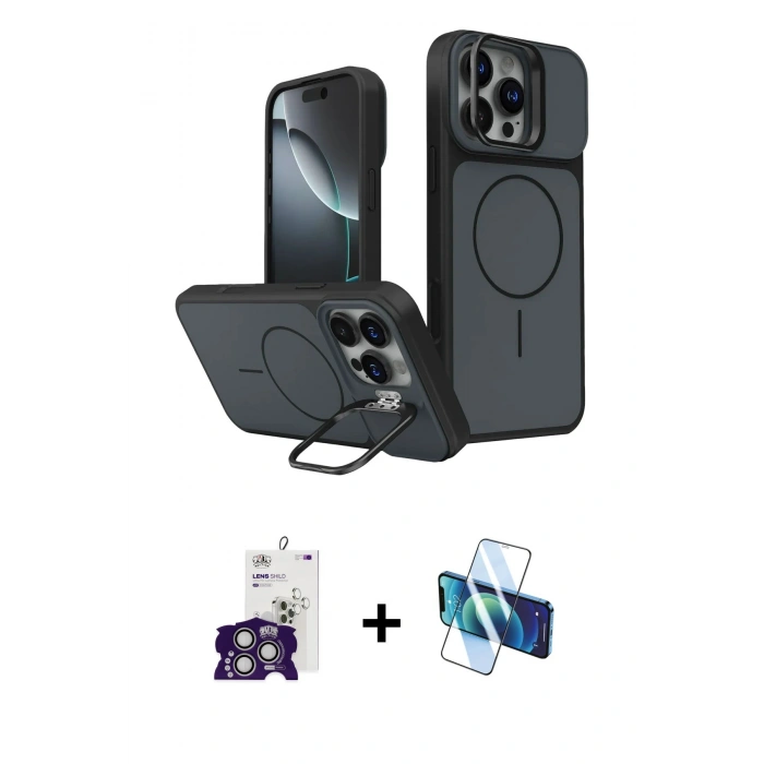 MARSİLYAN™- iPhone 16 Pro Max Kılıf İz Modern Prime - Siyah 3D Antistatik Seramik Nano Ekran Koruyucu + Bilvis Titan Kamera Lens - GS