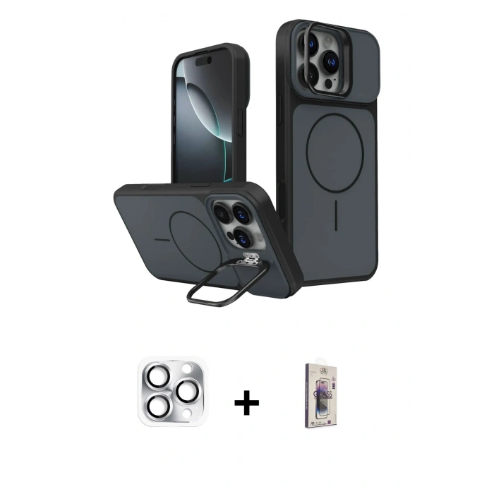 MARSİLYAN™- iPhone 16 Pro Max Kılıf İz Modern Prime - Siyah Bilvis 3D Cam Ekran Koruyucu + Pers Alüminyum Kamera Lens - GS