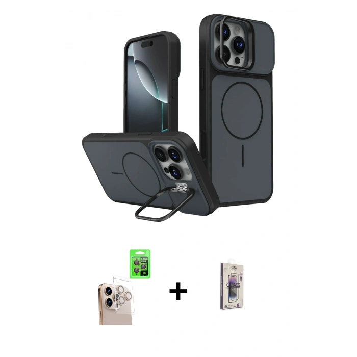 MARSİLYAN™- iPhone 16 Pro Max Kılıf İz Modern Prime - Siyah Bilvis 3D Cam Ekran Koruyucu + Raze Metal Kamera Lens - NLGY