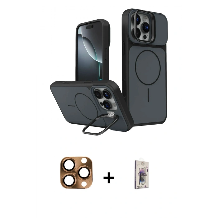 MARSİLYAN™- iPhone 16 Pro Max Kılıf İz Modern Prime - Siyah Bilvis 3D Cam Ekran Koruyucu + Pers Alüminyum Kamera Lens - CLTM