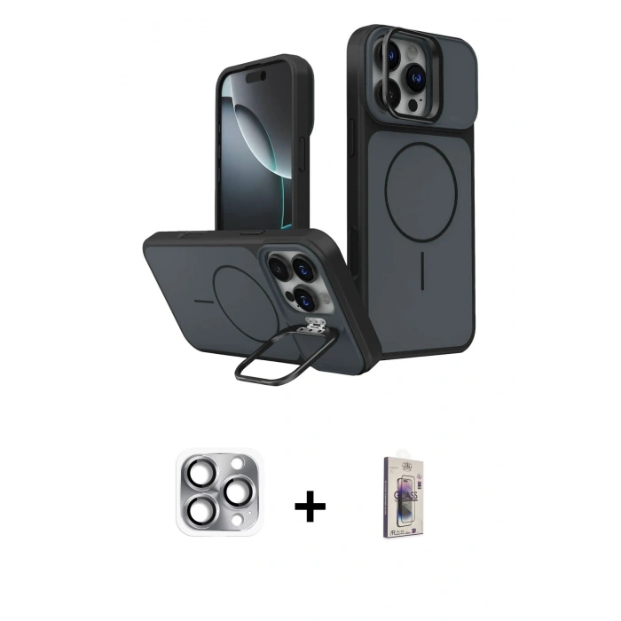 MARSİLYAN™- iPhone 16 Pro Max Kılıf İz Modern Prime - Siyah Bilvis 3D Cam Ekran Koruyucu + Pers Alüminyum Kamera Lens - GI
