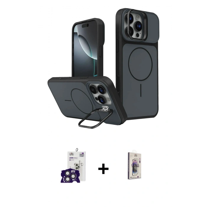MARSİLYAN™- iPhone 16 Pro Max Kılıf İz Modern Prime - Siyah Bilvis 3D Cam Ekran Koruyucu + Titanyum Gri Bilvis Titan Kamera Lens