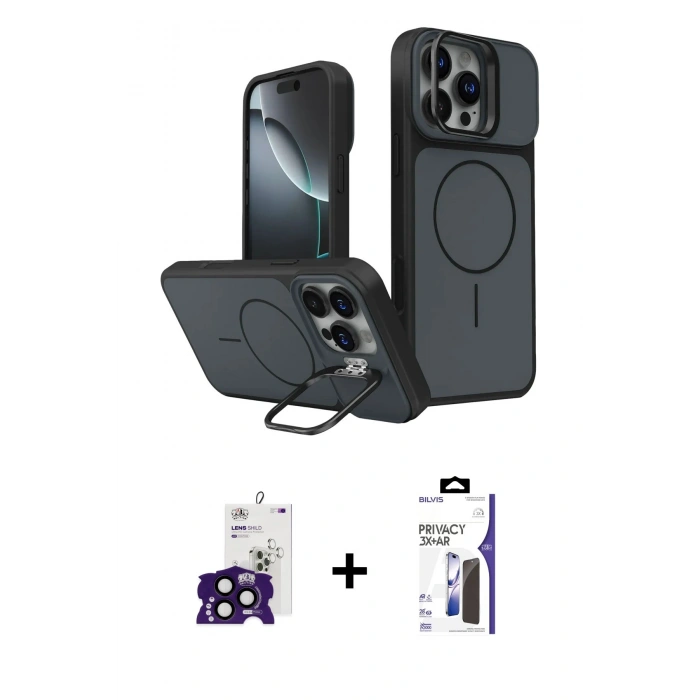 MARSİLYAN™- iPhone 16 Pro Max Kılıf İz Modern Prime - Siyah Bilvis 3X AR Hayalet Cam Ekran Koruyucu + Bilvis Titan Kamera Lens - SH