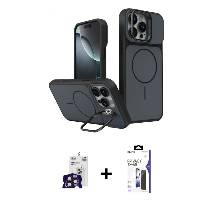 MARSİLYAN™- iPhone 16 Pro Max Kılıf İz Modern Prime - Siyah Bilvis 3X AR Hayalet Cam Ekran Koruyucu + Bilvis Titan Kamera Lens - TMGI