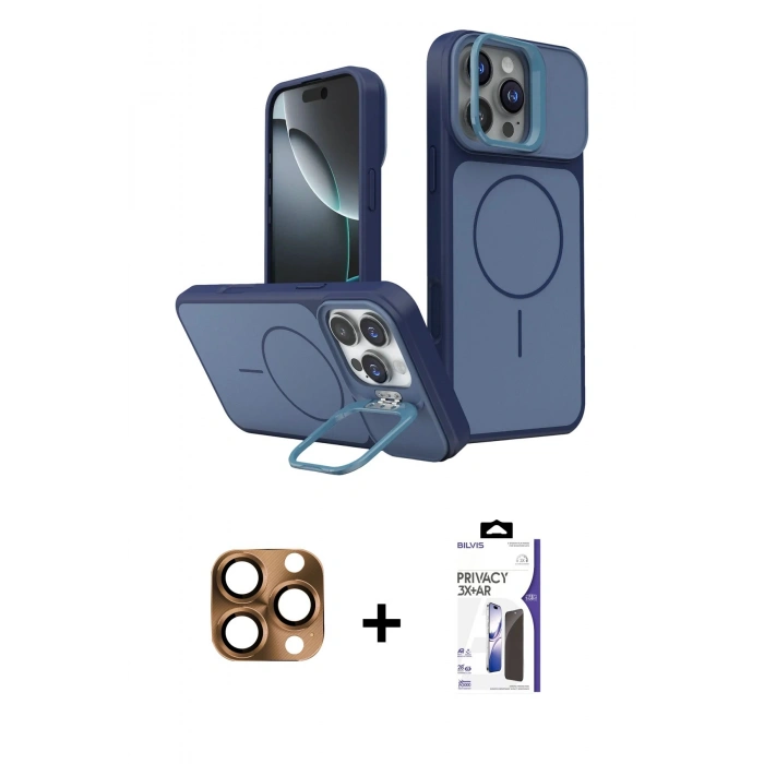 MARSİLYAN™- iPhone 16 Pro Max Kılıf İz Modern Prime - Siyah Bilvis 3X AR Hayalet Cam Ekran Koruyucu + Pers Alüminyum Kamera Lens - CLTM