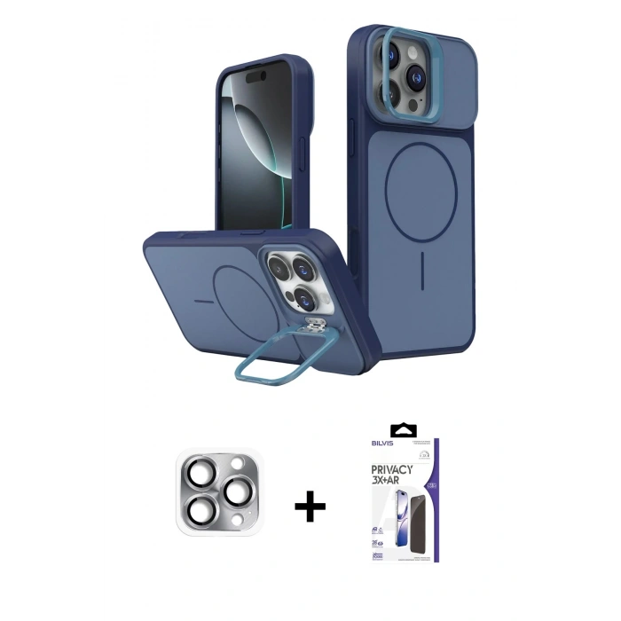 MARSİLYAN™- iPhone 16 Pro Max Kılıf İz Modern Prime - Siyah Bilvis 3X AR Hayalet Cam Ekran Koruyucu + Pers Alüminyum Kamera Lens - GI
