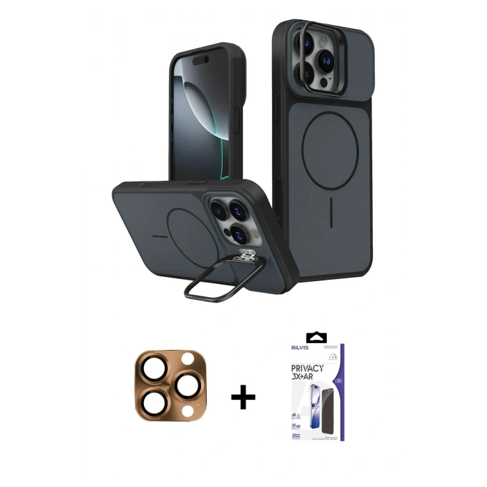 MARSİLYAN™- iPhone 16 Pro Max Kılıf İz Modern Prime - Siyah Bilvis 3X AR Hayalet Cam Ekran Koruyucu + Pers Alüminyum Kamera Lens - CLTM