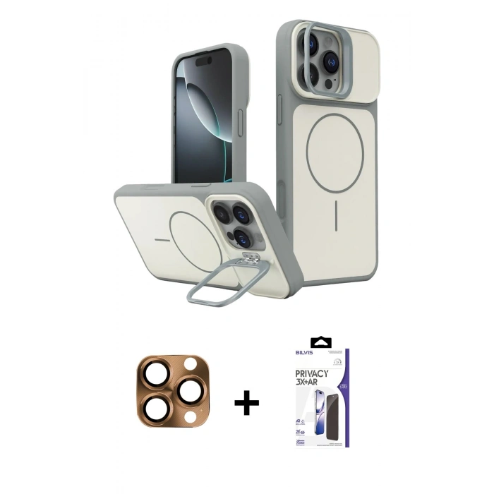 MARSİLYAN™- iPhone 16 Pro Max Kılıf İz Modern Prime - Siyah Bilvis 3X AR Hayalet Cam Ekran Koruyucu + Pers Alüminyum Kamera Lens - CLTM