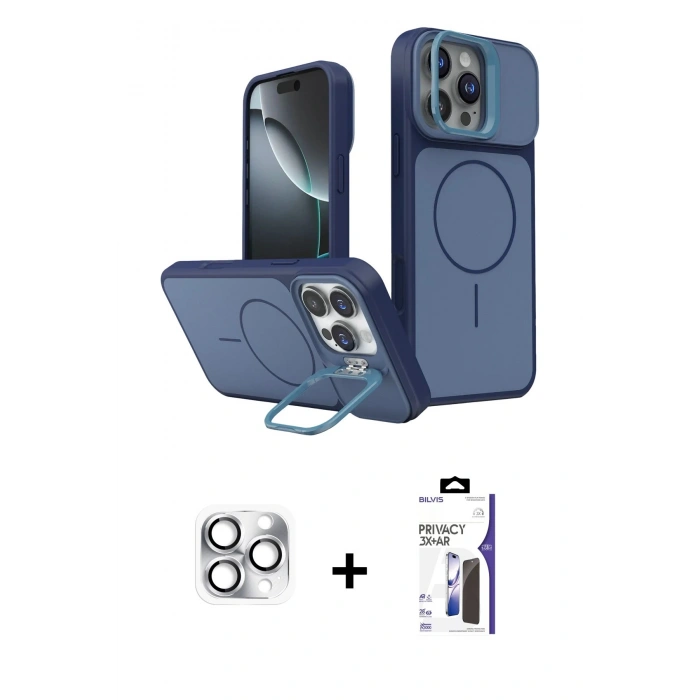 MARSİLYAN™- iPhone 16 Pro Max Kılıf İz Modern Prime - Siyah Bilvis 3X AR Hayalet Cam Ekran Koruyucu + Pers Alüminyum Kamera Lens - GS