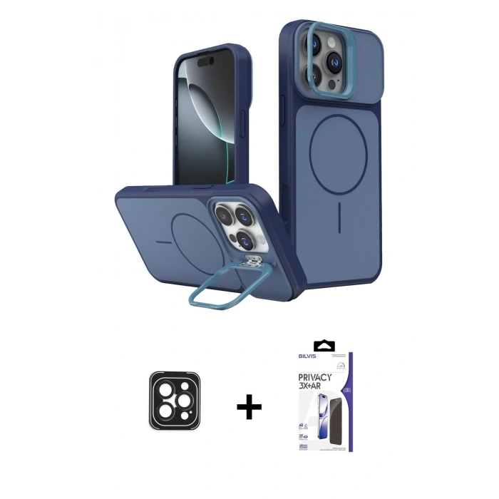 MARSİLYAN™- iPhone 16 Pro Max Kılıf İz Modern Prime - Siyah Bilvis 3X AR Hayalet Cam Ekran Koruyucu + PVD Metal Kamera Lens - SH