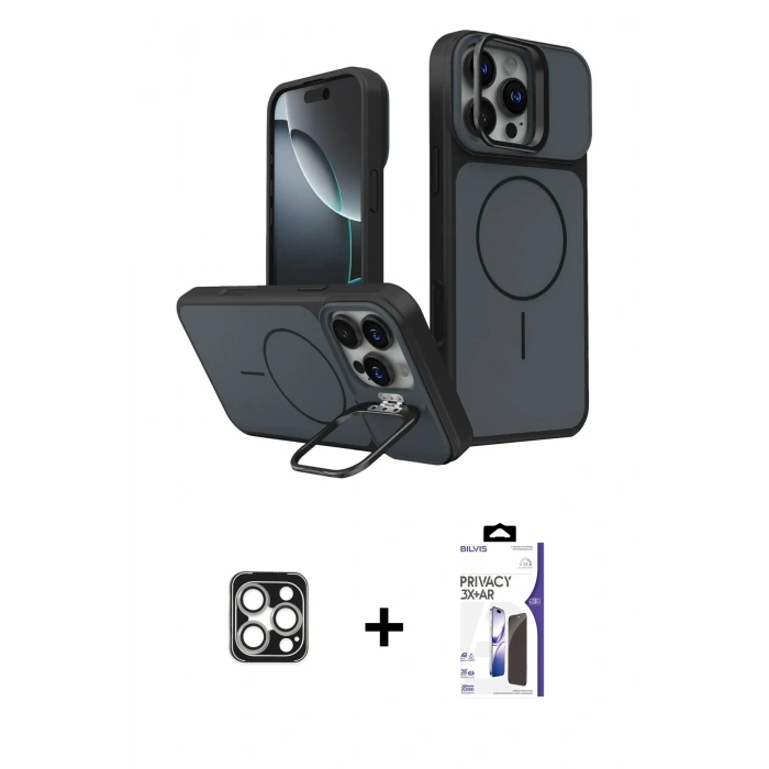 MARSİLYAN™- iPhone 16 Pro Max Kılıf İz Modern Prime - Siyah Bilvis 3X AR Hayalet Cam Ekran Koruyucu + PVD Metal Kamera Lens - GS