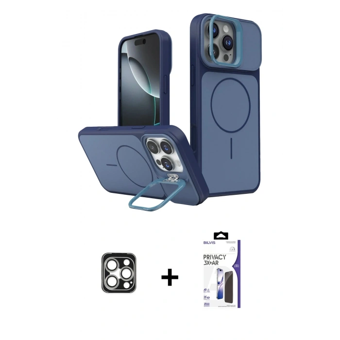 MARSİLYAN™- iPhone 16 Pro Max Kılıf İz Modern Prime - Siyah Bilvis 3X AR Hayalet Cam Ekran Koruyucu + PVD Metal Kamera Lens - GS