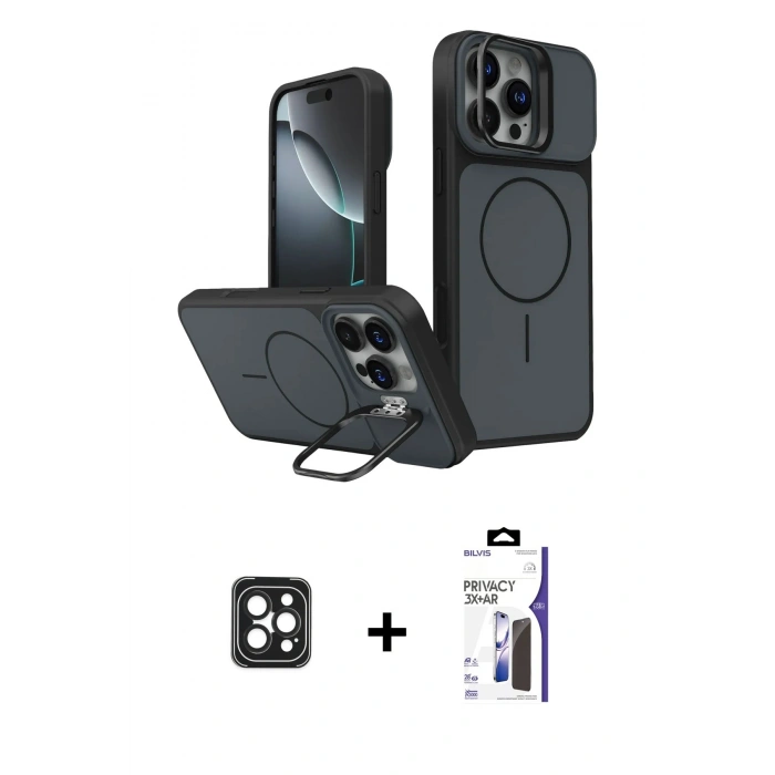 MARSİLYAN™- iPhone 16 Pro Max Kılıf İz Modern Prime - Siyah Bilvis 3X AR Hayalet Cam Ekran Koruyucu + PVD Metal Kamera Lens - SH