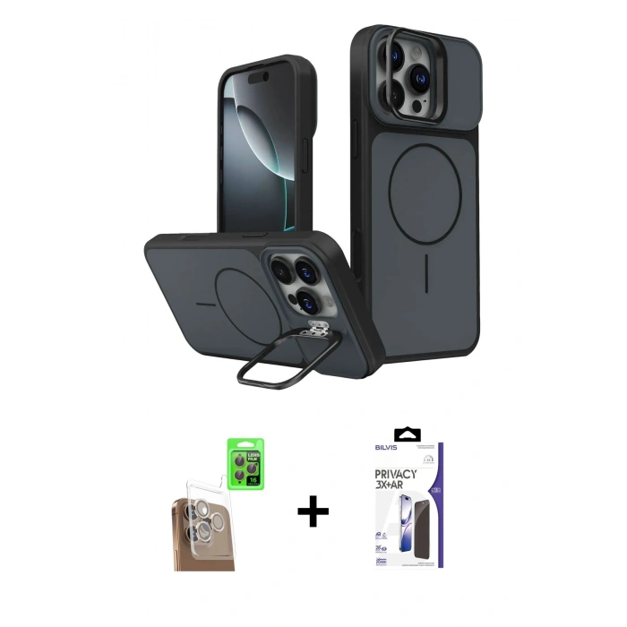 MARSİLYAN™- iPhone 16 Pro Max Kılıf İz Modern Prime - Siyah Bilvis 3X AR Hayalet Cam Ekran Koruyucu + Raze Metal Kamera Lens - CLTM
