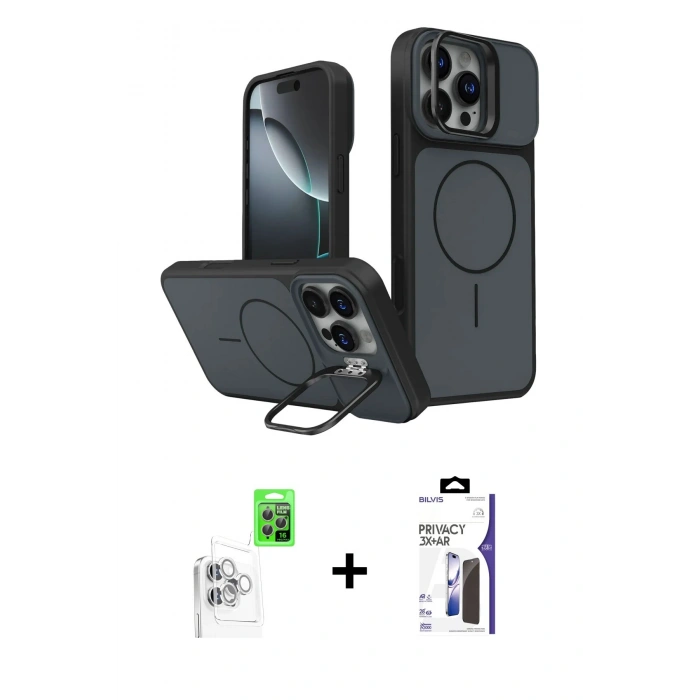 MARSİLYAN™- iPhone 16 Pro Max Kılıf İz Modern Prime - Siyah Bilvis 3X AR Hayalet Cam Ekran Koruyucu + Raze Metal Kamera Lens - BZ