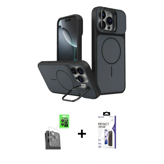 MARSİLYAN™- iPhone 16 Pro Max Kılıf İz Modern Prime - Siyah Bilvis 3X AR Hayalet Cam Ekran Koruyucu + Raze Metal Kamera Lens - SH