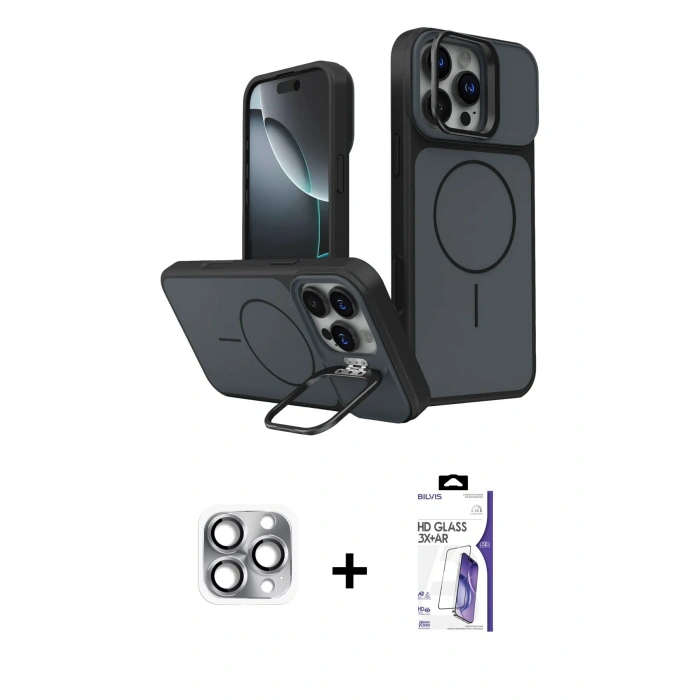 MARSİLYAN™- iPhone 16 Pro Max Kılıf İz Modern Prime - Siyah Bilvis 3X AR HD Cam Ekran Koruyucu + Pers Alüminyum Kamera Lens - GI