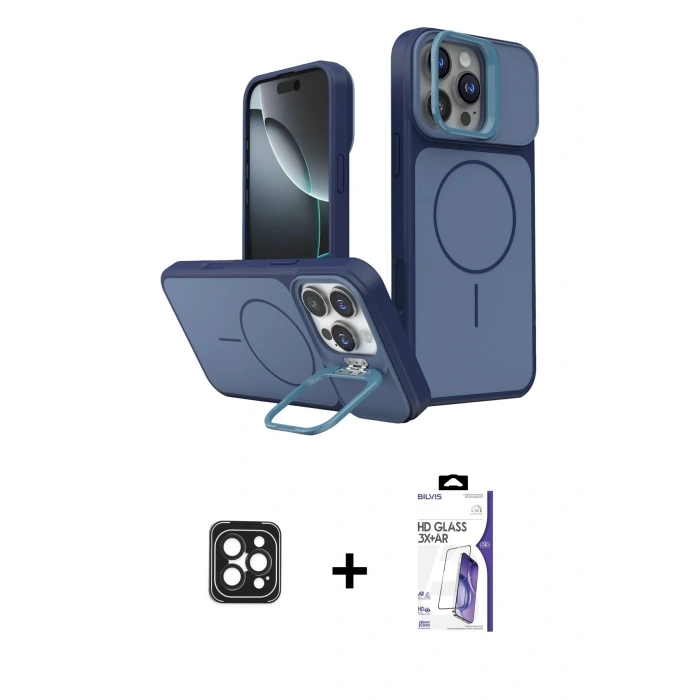 MARSİLYAN™- iPhone 16 Pro Max Kılıf İz Modern Prime - Siyah Bilvis 3X AR HD Cam Ekran Koruyucu + PVD Metal Kamera Lens - SH