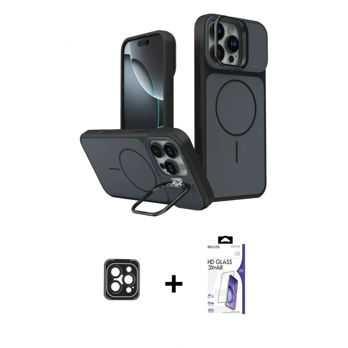 MARSİLYAN™- iPhone 16 Pro Max Kılıf İz Modern Prime - Siyah Bilvis 3X AR HD Cam Ekran Koruyucu + PVD Metal Kamera Lens - SH