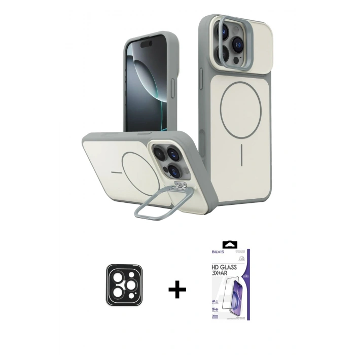 MARSİLYAN™- iPhone 16 Pro Max Kılıf İz Modern Prime - Siyah Bilvis 3X AR HD Cam Ekran Koruyucu + PVD Metal Kamera Lens - SH