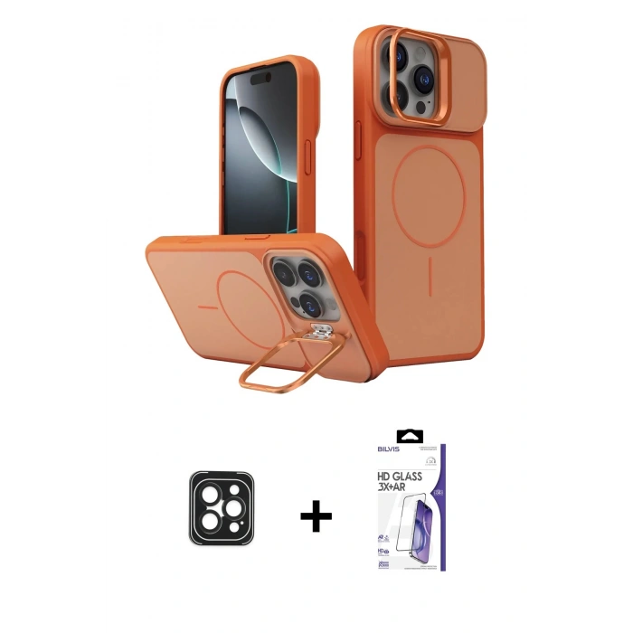 MARSİLYAN™- iPhone 16 Pro Max Kılıf İz Modern Prime - Siyah Bilvis 3X AR HD Cam Ekran Koruyucu + PVD Metal Kamera Lens - SH