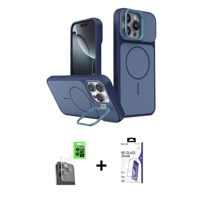 MARSİLYAN™- iPhone 16 Pro Max Kılıf İz Modern Prime - Siyah Bilvis 3X AR HD Cam Ekran Koruyucu + Raze Metal Kamera Lens - SH