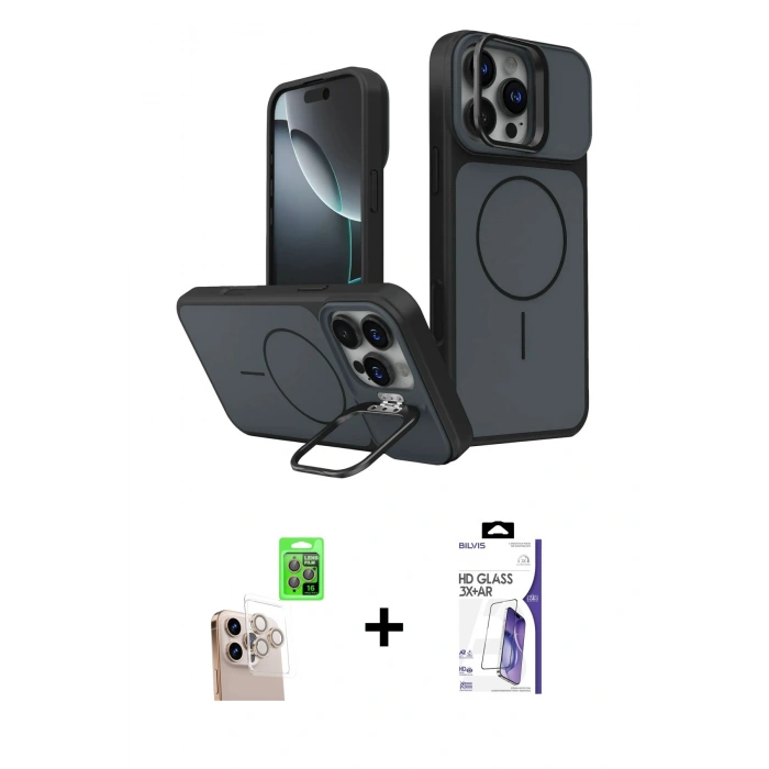 MARSİLYAN™- iPhone 16 Pro Max Kılıf İz Modern Prime - Siyah Bilvis 3X AR HD Cam Ekran Koruyucu + Raze Metal Kamera Lens - NLGY