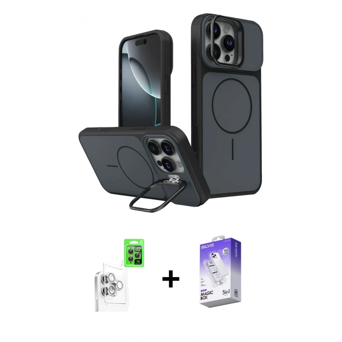 MARSİLYAN™- iPhone 16 Pro Max Kılıf İz Modern Prime - Siyah Bilvis 5in1 3D Magic Cam Ekran Koruyucu + Raze Metal Kamera Lens - BZ