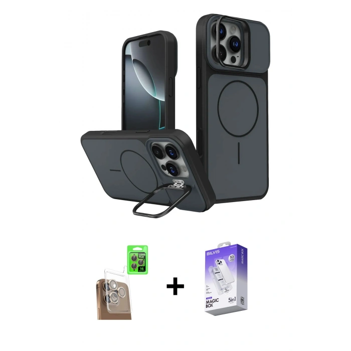 MARSİLYAN™- iPhone 16 Pro Max Kılıf İz Modern Prime - Siyah Bilvis 5in1 3D Magic Cam Ekran Koruyucu + Raze Metal Kamera Lens - CLTM