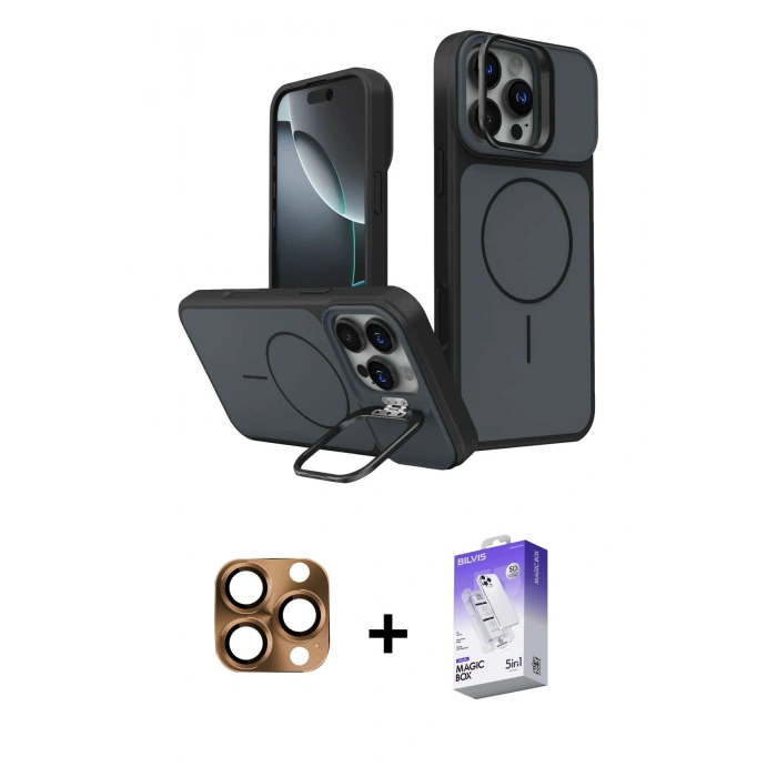 MARSİLYAN™- iPhone 16 Pro Max Kılıf İz Modern Prime - Siyah Bilvis 5in1 3D Magic Cam Ekran Koruyucu + Pers Alüminyum Kamera Lens - CLTM