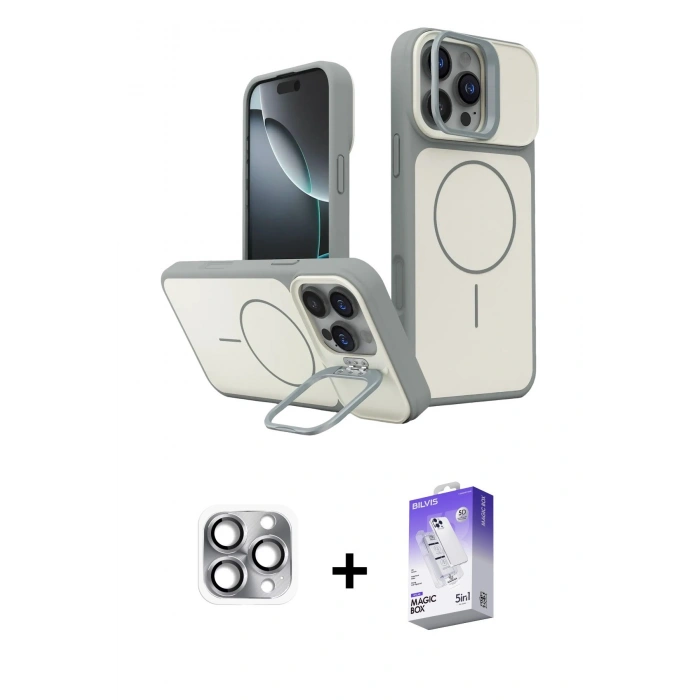 MARSİLYAN™- iPhone 16 Pro Max Kılıf İz Modern Prime - Siyah Bilvis 5in1 3D Magic Cam Ekran Koruyucu + Gri Pers Alüminyum Kamera Lens