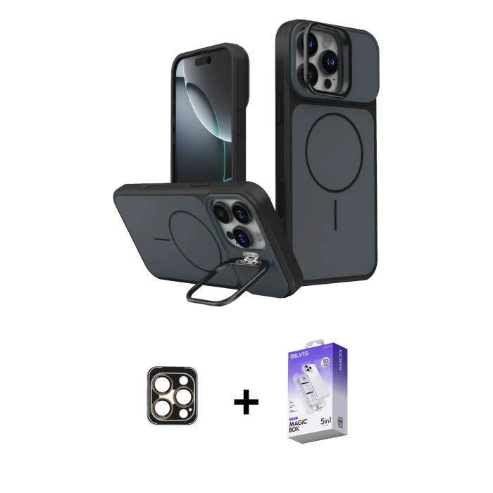 MARSİLYAN™- iPhone 16 Pro Max Kılıf İz Modern Prime - Siyah Bilvis 5in1 3D Magic Cam Ekran Koruyucu + PVD Metal Kamera Lens - GD