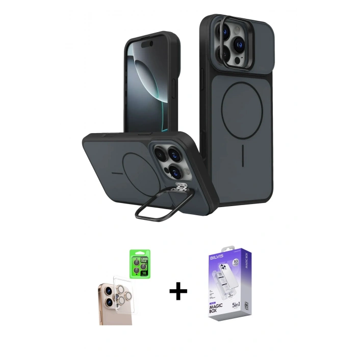 MARSİLYAN™- iPhone 16 Pro Max Kılıf İz Modern Prime - Siyah Bilvis 5in1 3D Magic Cam Ekran Koruyucu + Raze Metal Kamera Lens - NLGY