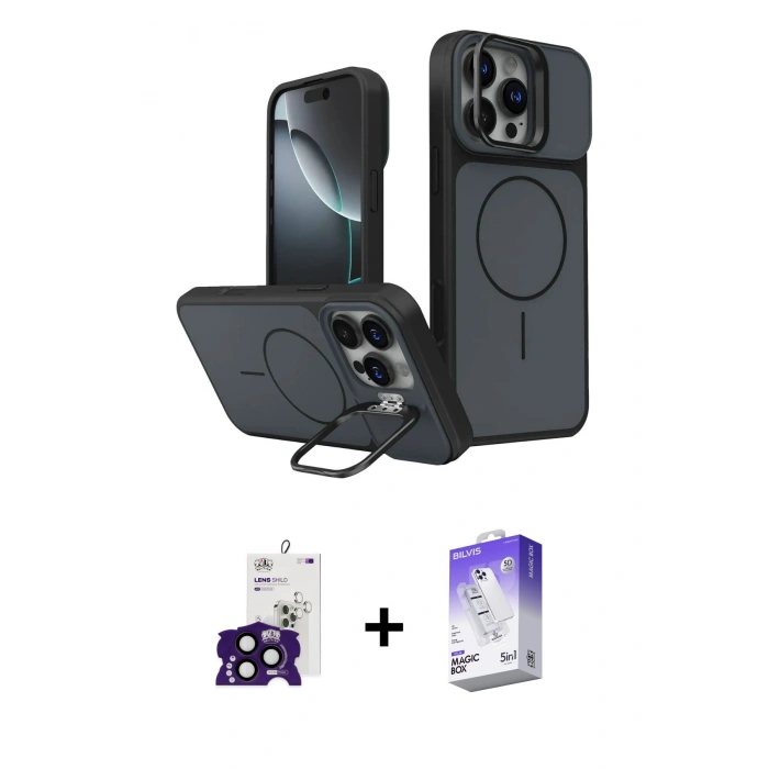 MARSİLYAN™- iPhone 16 Pro Max Kılıf İz Modern Prime - Siyah Bilvis 5in1 3D Magic Cam Ekran Koruyucu + Siyah Bilvis Titan Kamera Lens
