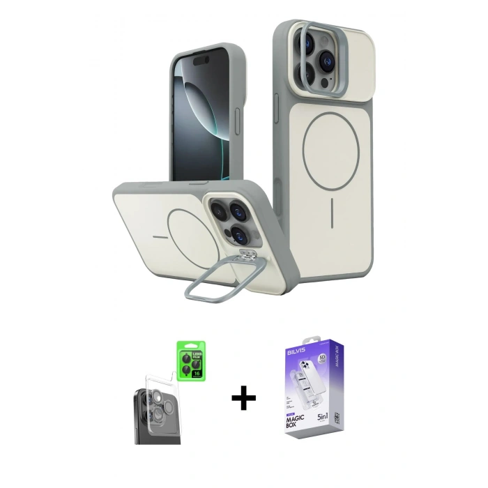 MARSİLYAN™- iPhone 16 Pro Max Kılıf İz Modern Prime - Siyah Bilvis 5in1 3D Magic Cam Ekran Koruyucu + Raze Metal Kamera Lens - SH