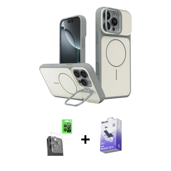MARSİLYAN™- iPhone 16 Pro Max Kılıf İz Modern Prime - Siyah Bilvis 5in1 5D Magic Hayalet Cam Ekran Koruyucu + Raze Metal Kamera Lens - SH