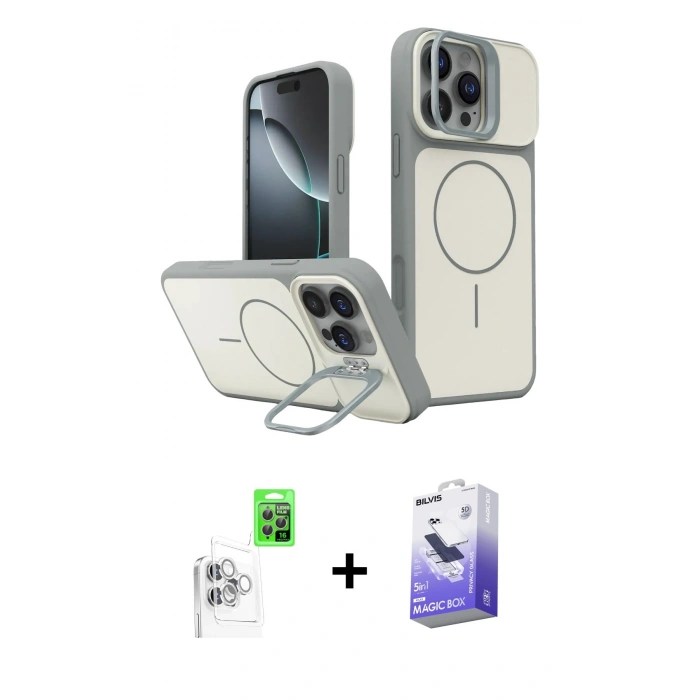 MARSİLYAN™- iPhone 16 Pro Max Kılıf İz Modern Prime - Siyah Bilvis 5in1 5D Magic Hayalet Cam Ekran Koruyucu + Raze Metal Kamera Lens - BZ