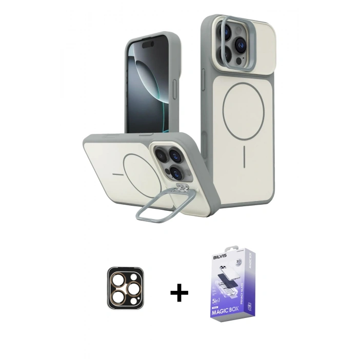 MARSİLYAN™- iPhone 16 Pro Max Kılıf İz Modern Prime - Siyah Bilvis 5in1 5D Magic Hayalet Cam Ekran Koruyucu + PVD Metal Kamera Lens - GD