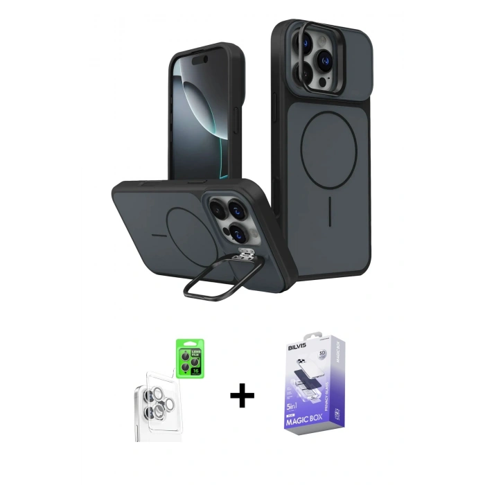 MARSİLYAN™- iPhone 16 Pro Max Kılıf İz Modern Prime - Siyah Bilvis 5in1 5D Magic Hayalet Cam Ekran Koruyucu + Raze Metal Kamera Lens - BZ