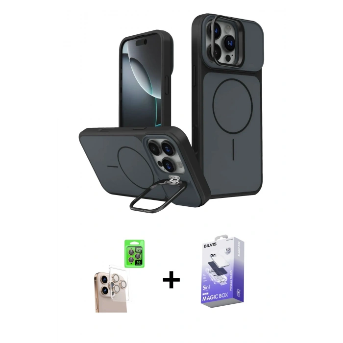 MARSİLYAN™- iPhone 16 Pro Max Kılıf İz Modern Prime - Siyah Bilvis 5in1 5D Magic Hayalet Cam Ekran Koruyucu + Raze Metal Kamera Lens - NLGY