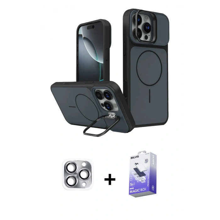 MARSİLYAN™- iPhone 16 Pro Max Kılıf İz Modern Prime - Siyah Bilvis 5in1 5D Magic Hayalet Cam Ekran Koruyucu + Pers Alüminyum Kamera Lens - GI