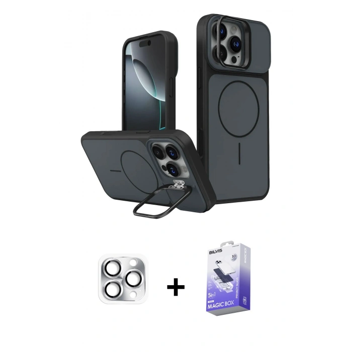 MARSİLYAN™- iPhone 16 Pro Max Kılıf İz Modern Prime - Siyah Bilvis 5in1 5D Magic Hayalet Cam Ekran Koruyucu + Pers Alüminyum Kamera Lens - GS